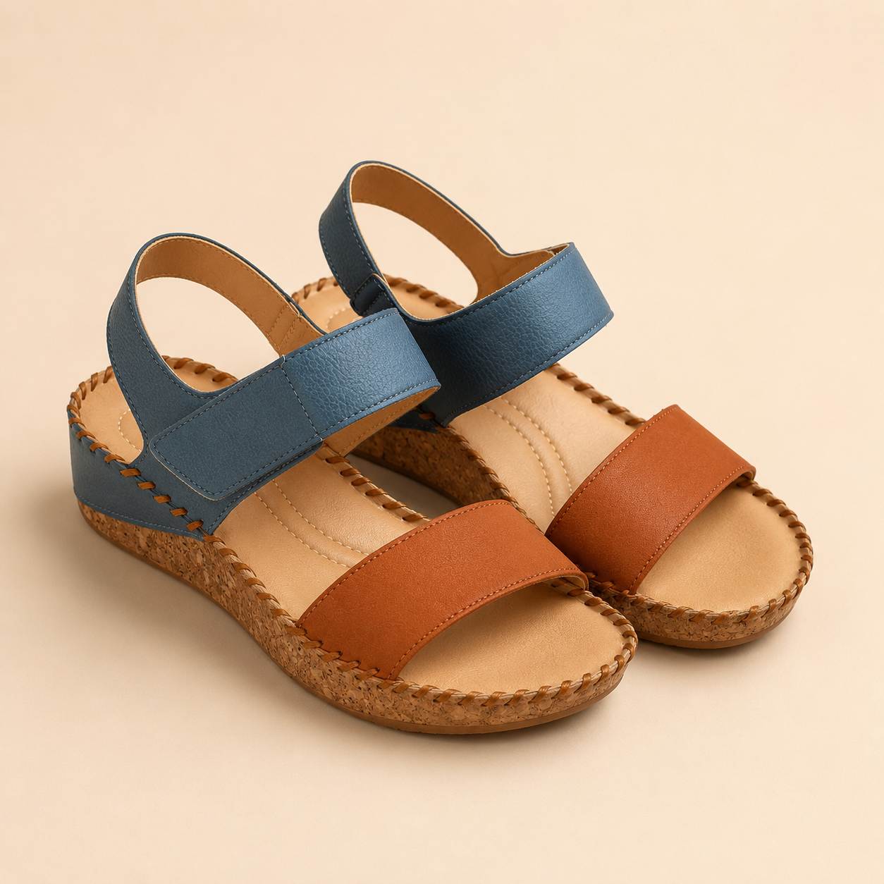 Sandales confort bleu et camel